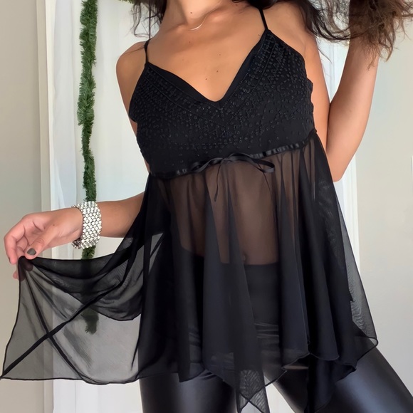 Rampage Tops - SOLD ❌ Rampage Beaded Embroidered Flowy Mesh Asymmetrical Hem Babydoll Top